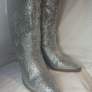 Crown Vintage Silver Heeled Boots with Glamorous Sparkle Cowboy Boots
